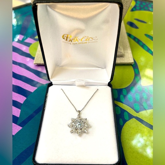 Belk & Co. Sterling Silver and Aquamarine Snowflake Necklace | NEW in box - Picture 1 of 8